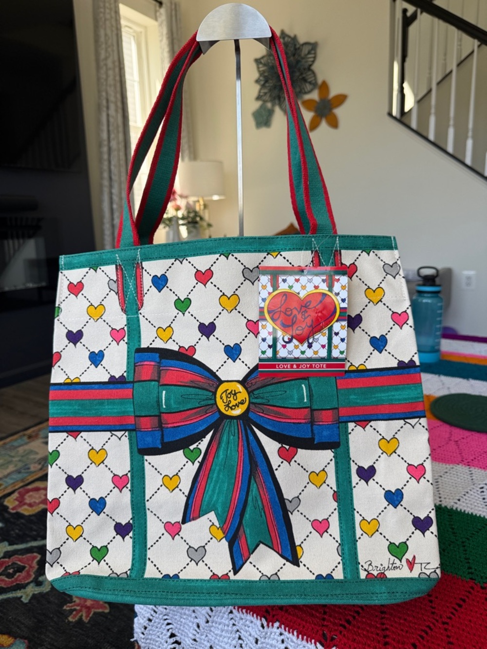 Brighton Multicolor Heart Print Tote with Teal & Red Ribbon
